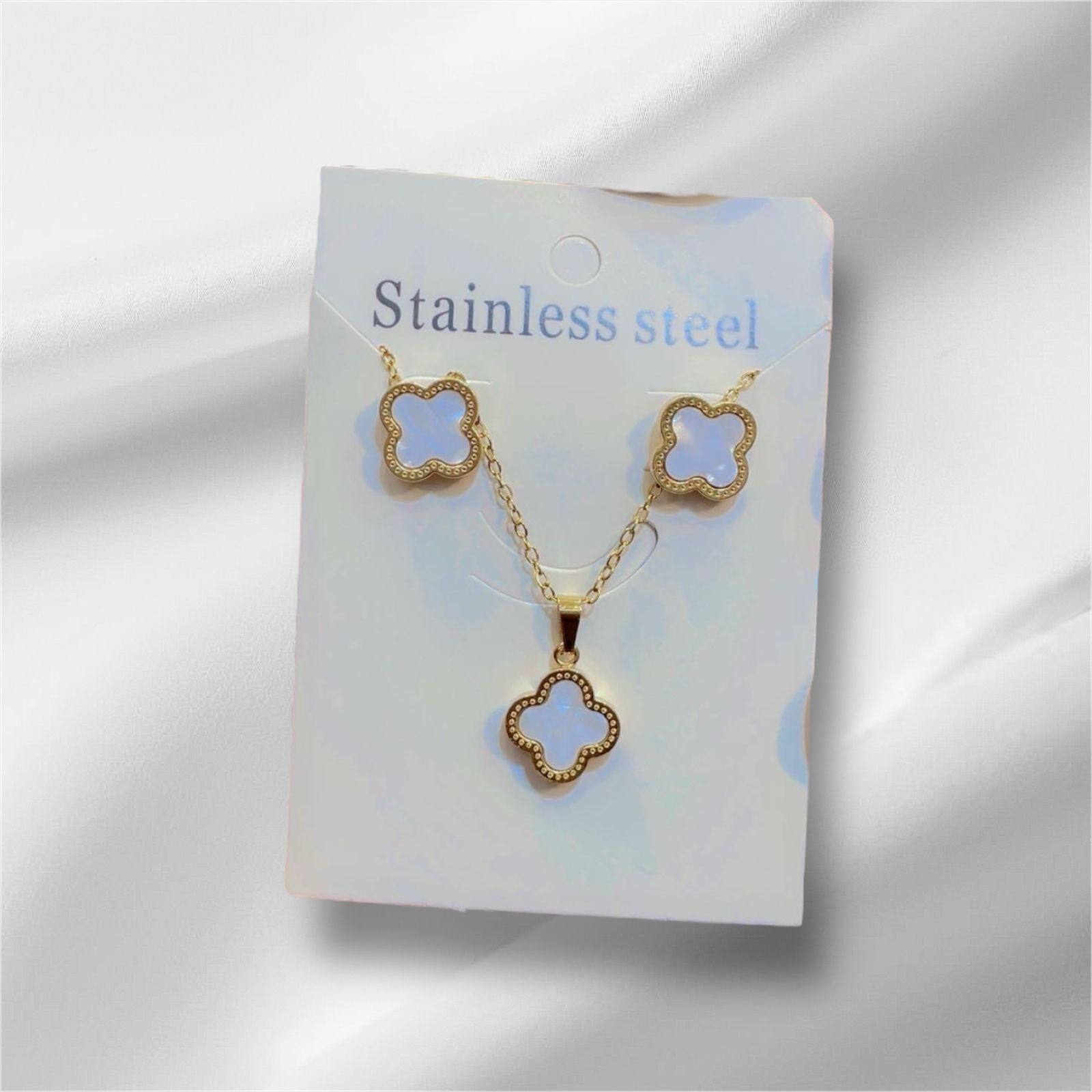 Stainless Steel Black Clover Necklace and Earring Set
