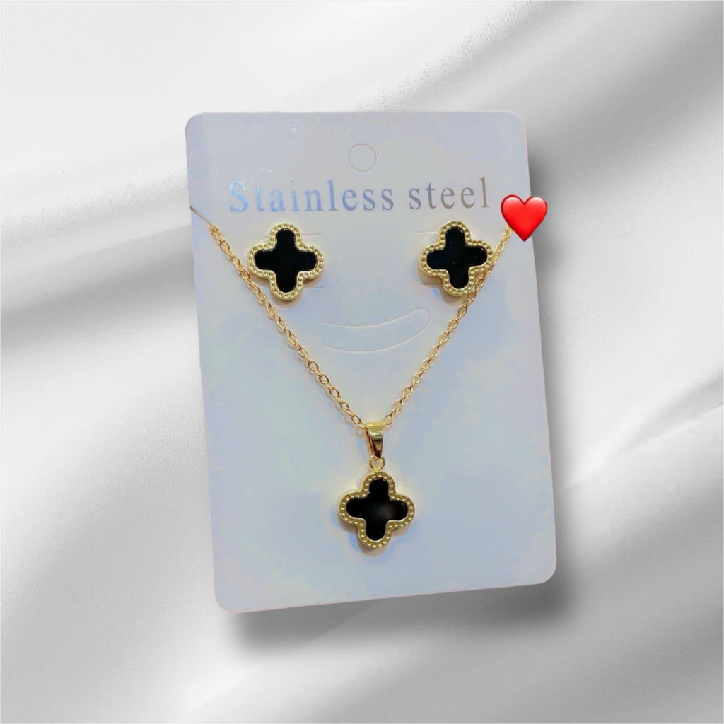 Stainless Steel Black Clover Necklace and Earring Set