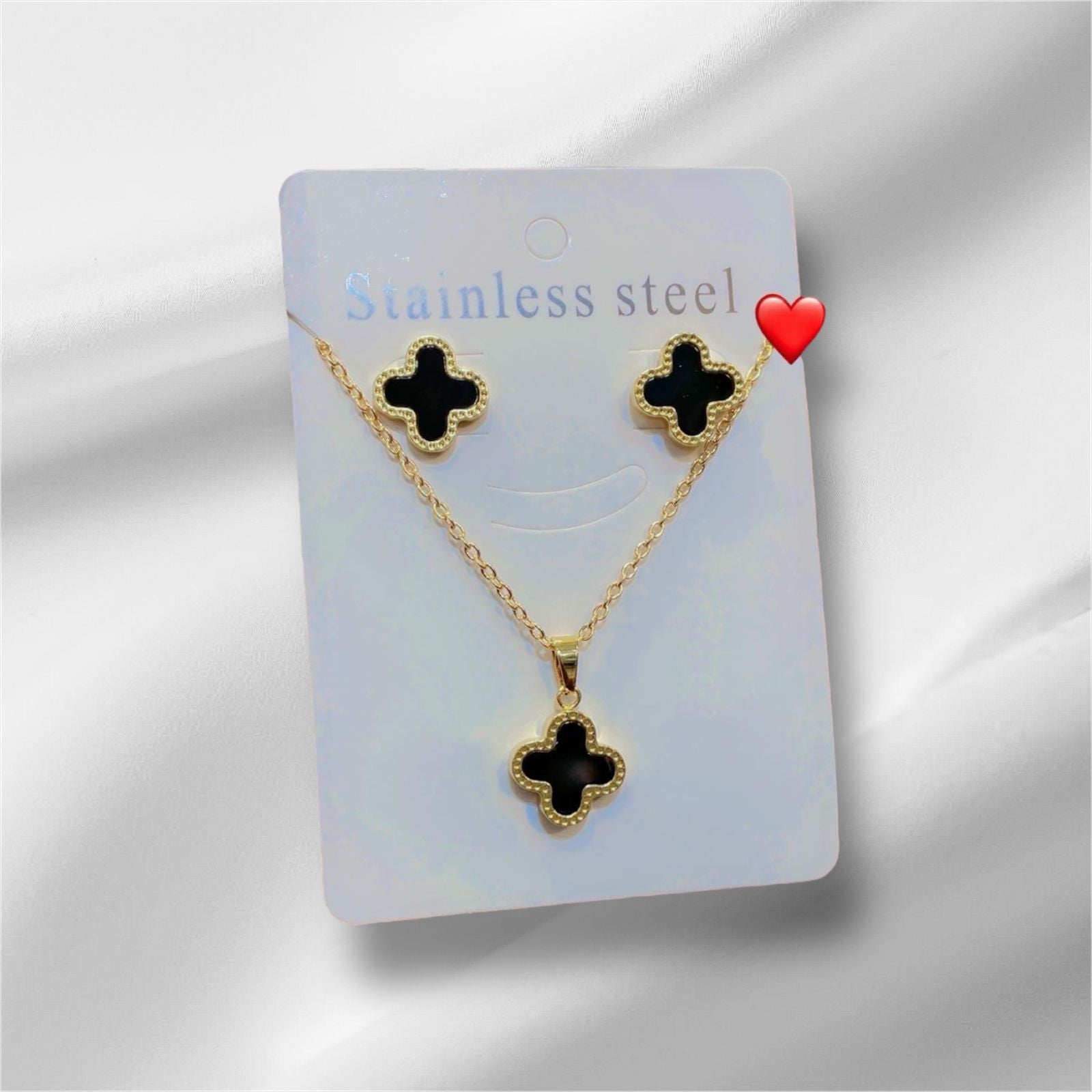 Stainless Steel Black Clover Necklace and Earring Set